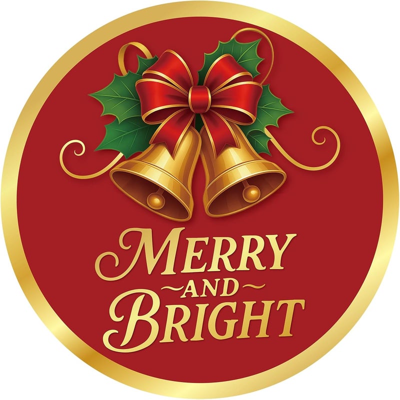Alynta Merry and Bright Stickers - 2 Inch 120Pcs Holiday Stickers Gold Foil Christmas Sticker Round Large Xmas Bell Sticker Labels for Envelope Seals Ornaments Presents - Image 1